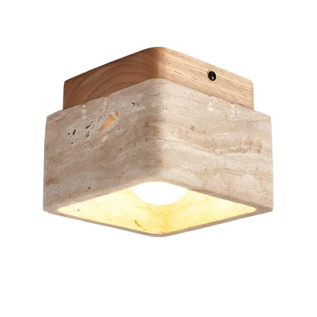 Delona - Lampada da soffitto LED quadrata in Travertino e Legno Naturale