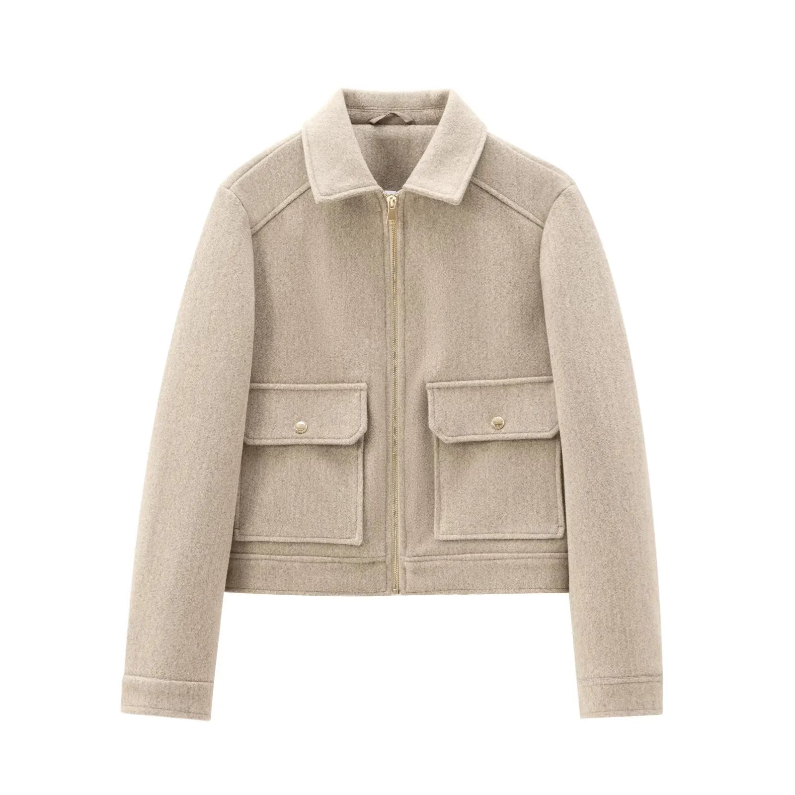 Women's Zip-Up Bomber Jacket with Short Lapels and Flap Pockets