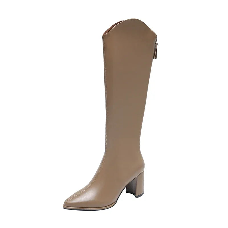 Women's Knee-High Boots with Side Zipper and Chunky Heel