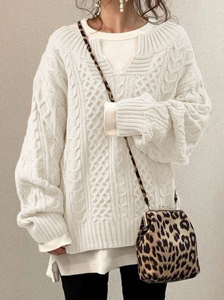 Women's Chunky Cable Knit Sweater with Notched Round Neck