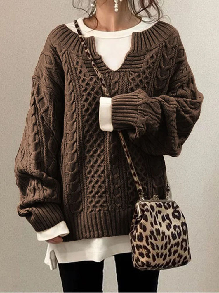 Women's Chunky Cable Knit Sweater with Notched Round Neck