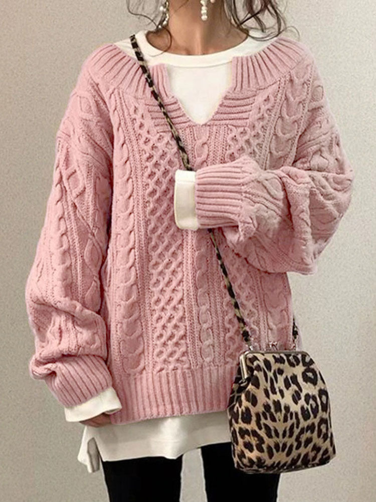 Women's Chunky Cable Knit Sweater with Notched Round Neck
