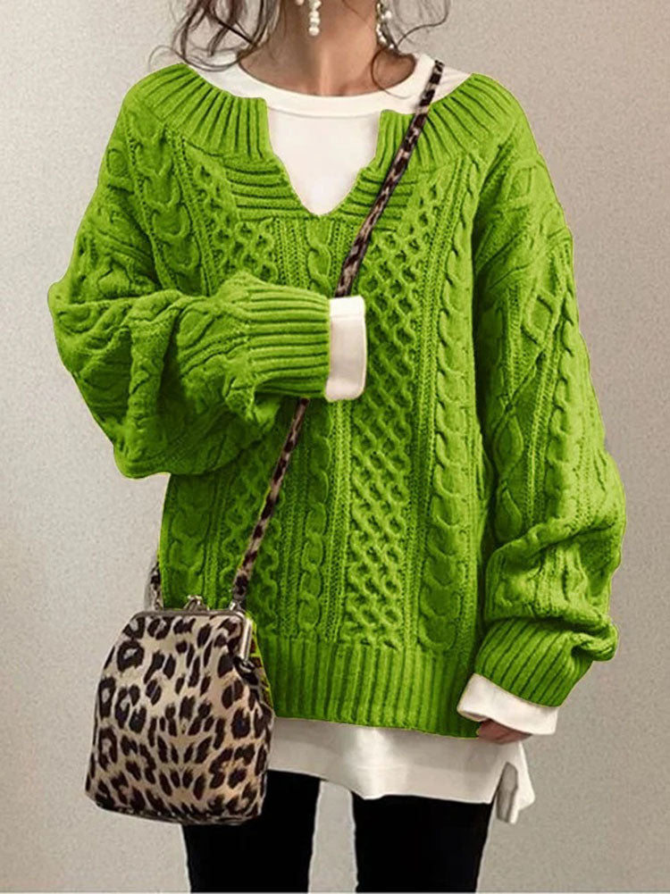 Women's Chunky Cable Knit Sweater with Notched Round Neck