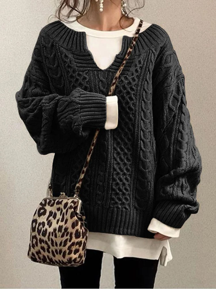 Women's Chunky Cable Knit Sweater with Notched Round Neck