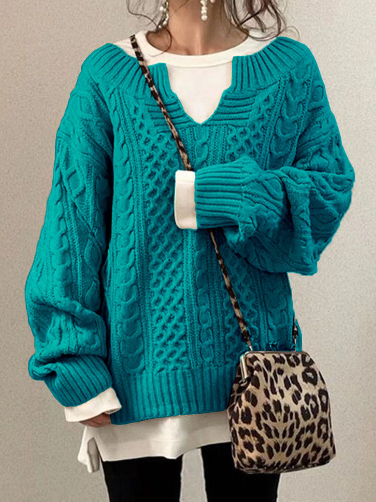 Women's Chunky Cable Knit Sweater with Notched Round Neck
