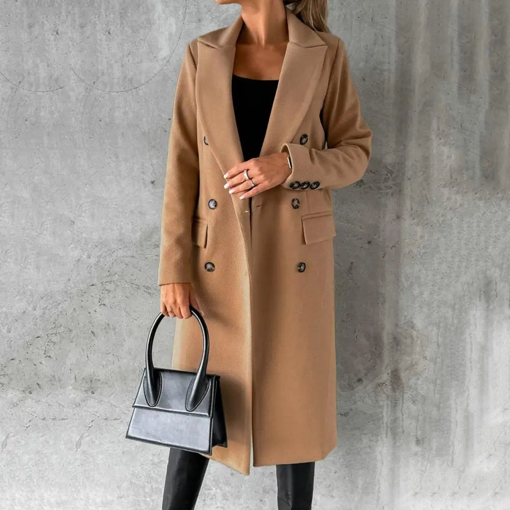 Women's Long Double-Breasted Trench Coat with Buttoned Cuffs