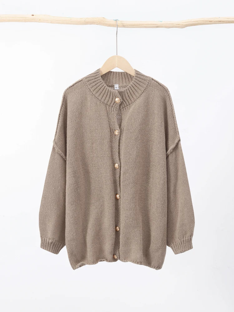 Women's Knit Button Cardigan with Ribbed Neckline and Cuffs