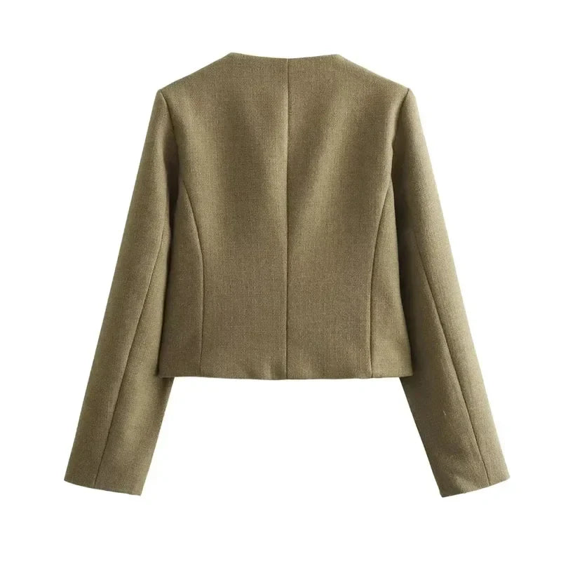 Women's Cropped Bomber Jacket with Long Sleeves and Round Neck
