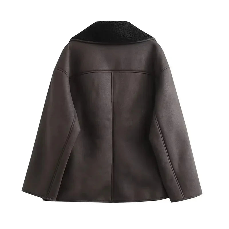 Women's Plush-Lined Leather Winter Jacket with Oversized Collar