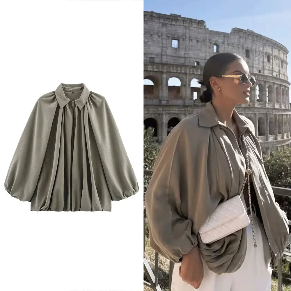 Women's Oversized Bomber Jacket featuring Long Puff Sleeves and Zipper Closure