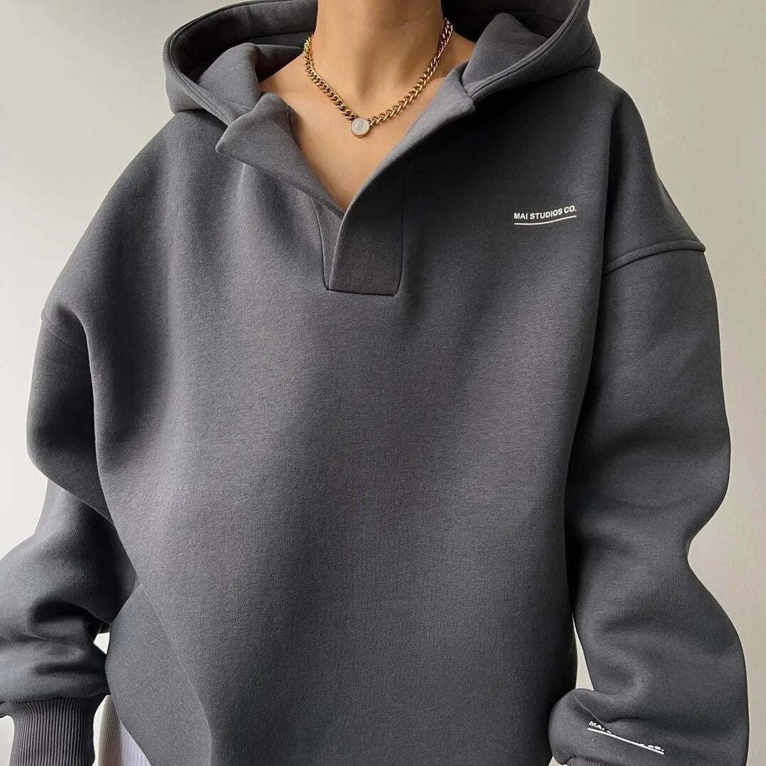 Women's Relaxed Fit Pullover Hoodie with Open V-Neck Design