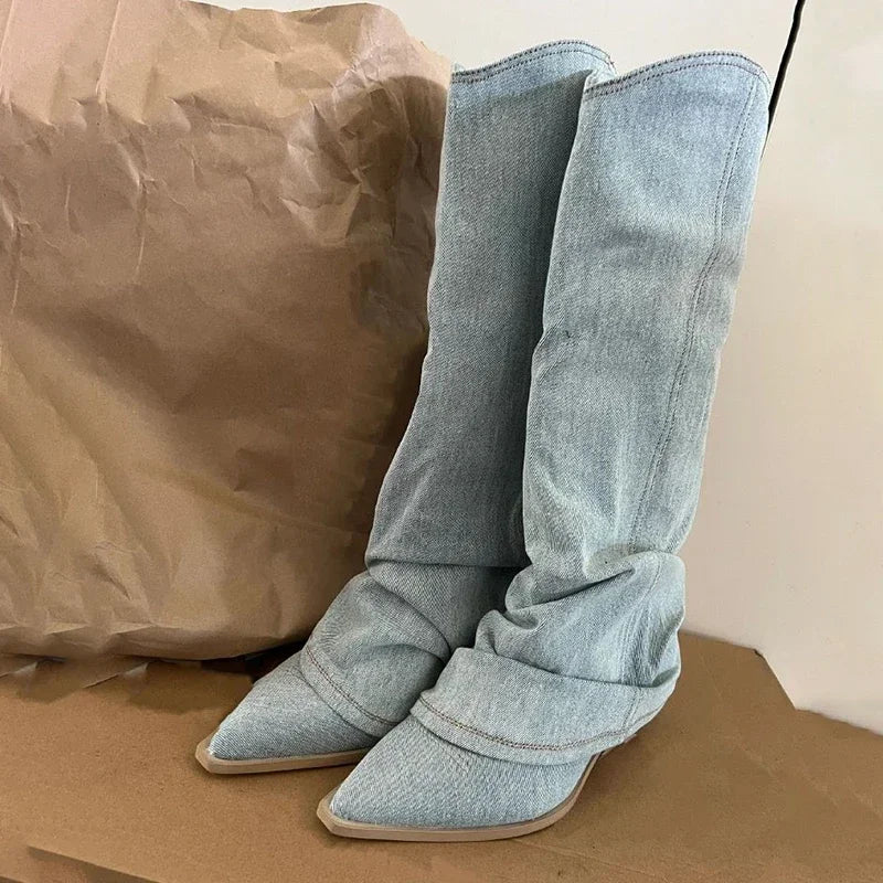 Women's Knee-High Western Boots with Pleated Design, Pointed Toe, and Heels