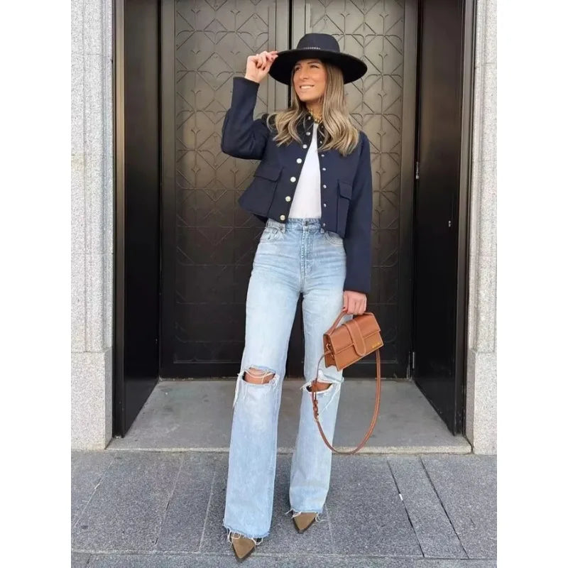 Women's Cropped Aviator Bomber Jacket with Button Closure and Pockets