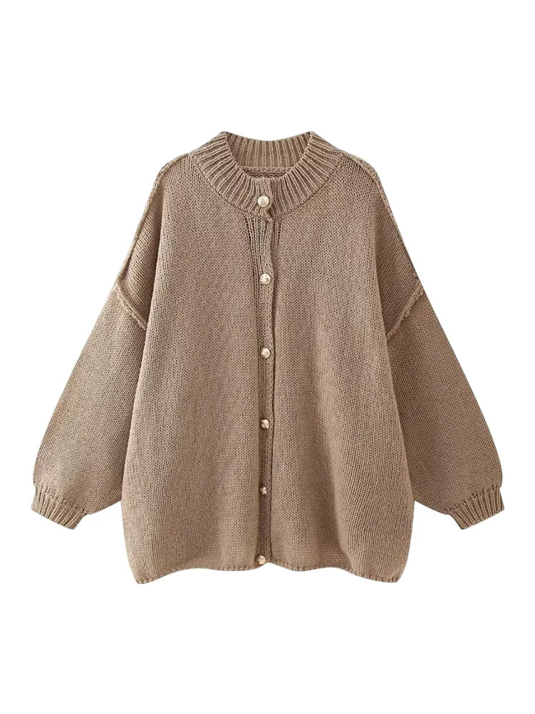 Womens Bat Sleeve Cardigan with Lapel and Metal Button Details