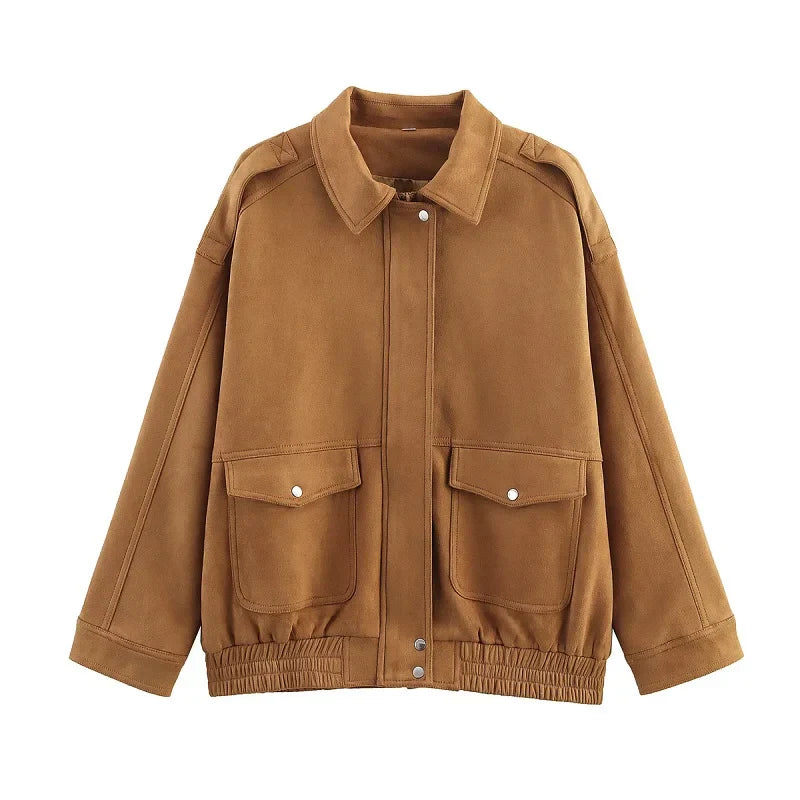 Streetwear-Inspired Women's Bomber Jacket Featuring Snap Buttons and Flap Pockets