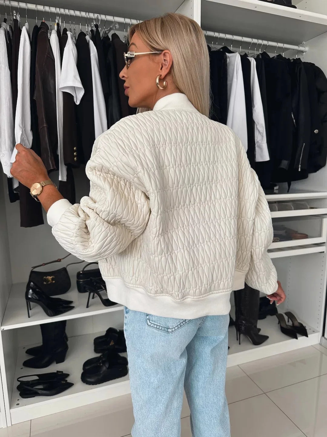 Women's Quilted Bomber Jacket with Zip Front and Ribbed Accents