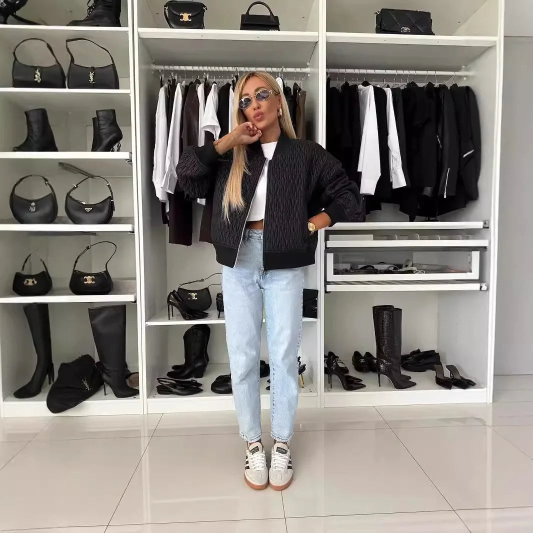 Women's Quilted Bomber Jacket with Zip Front and Ribbed Accents