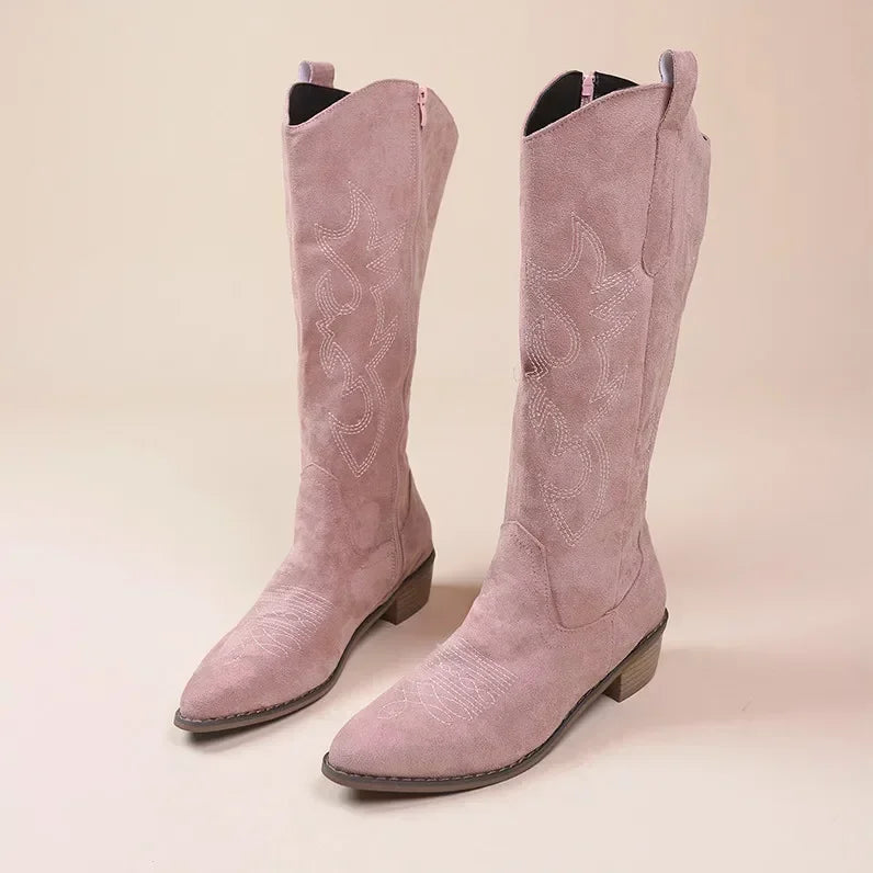 Chunky-Heeled Knee-High Cowboy Boots for Women with Embroidery