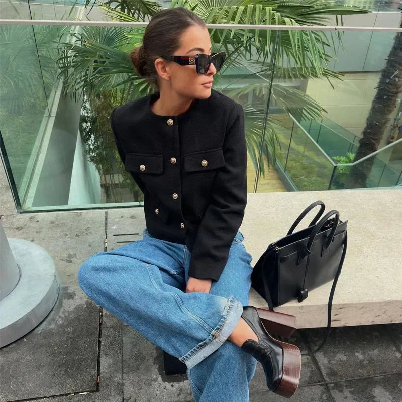 Women's Cropped Bomber Jacket with Long Sleeves and Round Neck
