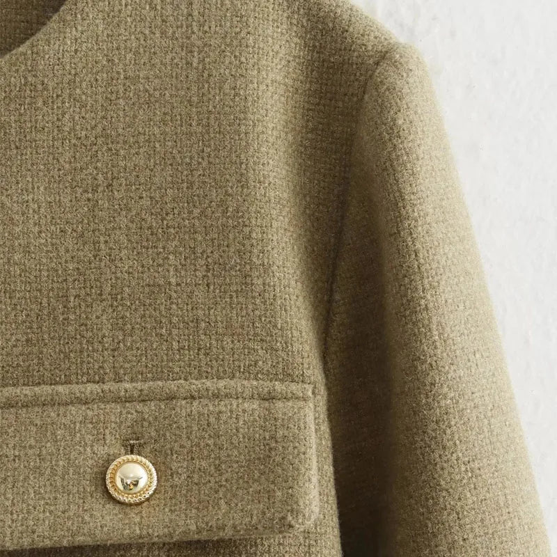 Women's Cropped Bomber Jacket with Long Sleeves and Round Neck