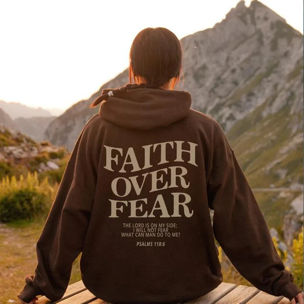Women's Oversized Hoodie Featuring 'Faith Over Fear' Bible Verse