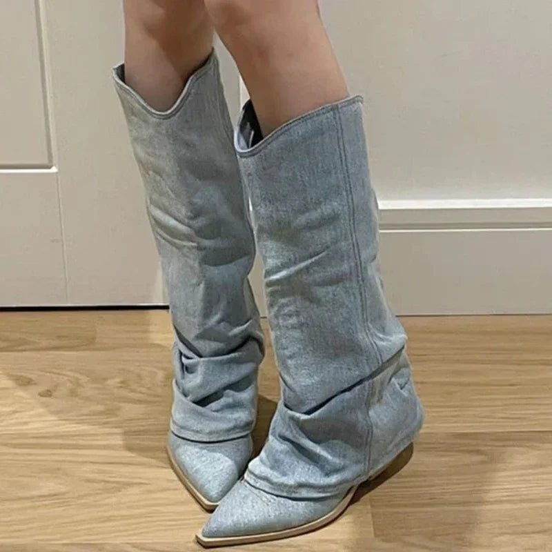 Women's Knee-High Western Boots with Pleated Design, Pointed Toe, and Heels