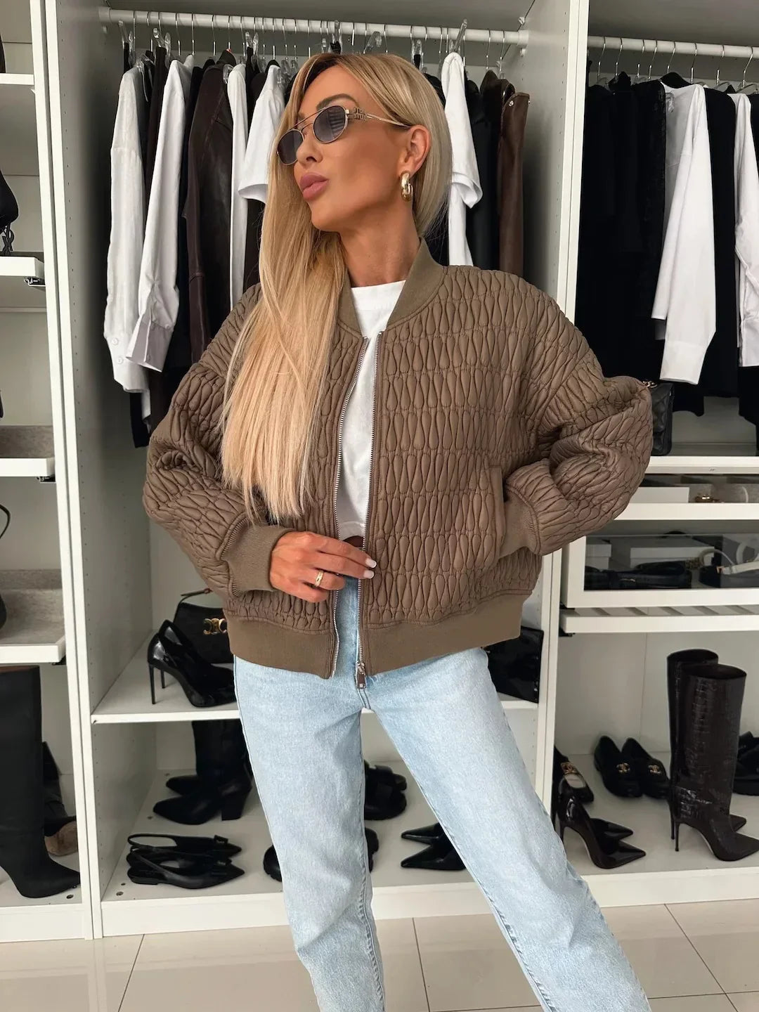 Women's Quilted Bomber Jacket with Zip Front and Ribbed Accents