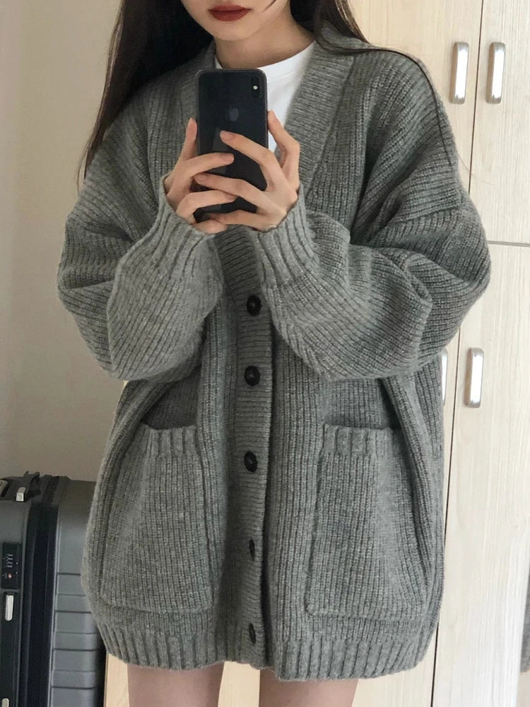 Women's Relaxed Ribbed Cardigan with Drop Shoulders and Button Accents