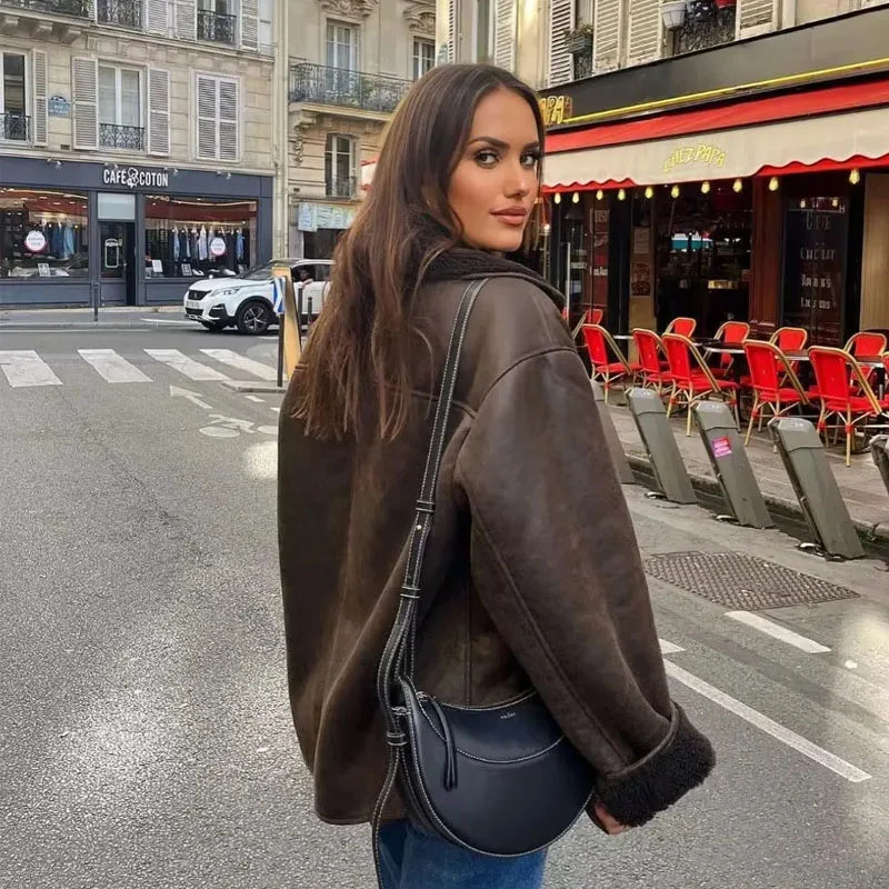 Women's Plush-Lined Leather Winter Jacket with Oversized Collar