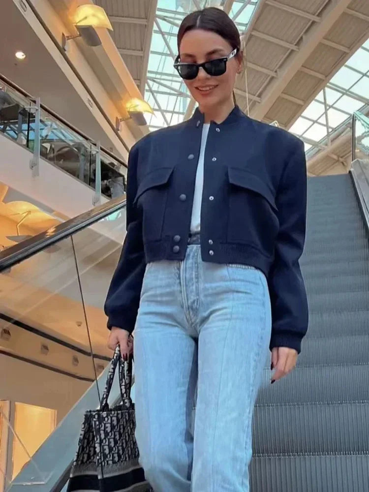 Women's Cropped Bomber Jacket Featuring Baseball Collar and Snap Fasteners