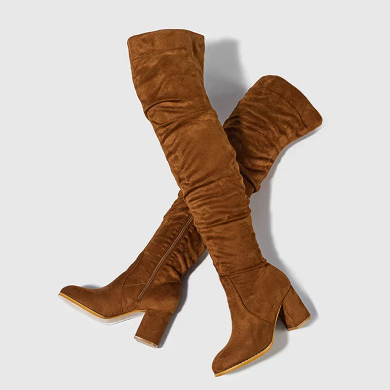 Women's Knee-High Boots with Pointed Toe and Slouchy Block Heel