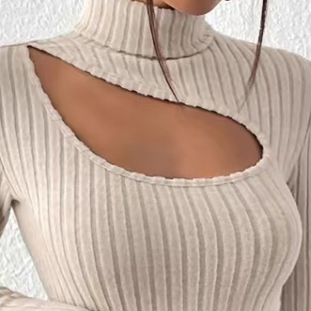 Women's Ribbed Roll Neck Sweater with Hollow Chest Design