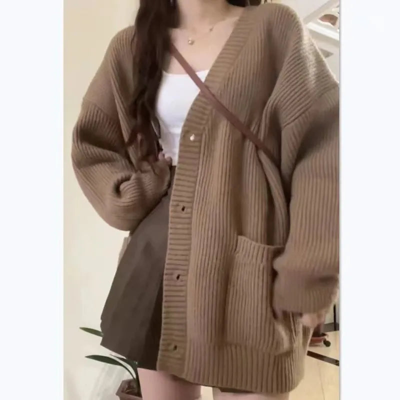 Women's Relaxed Ribbed Cardigan with Drop Shoulders and Button Accents