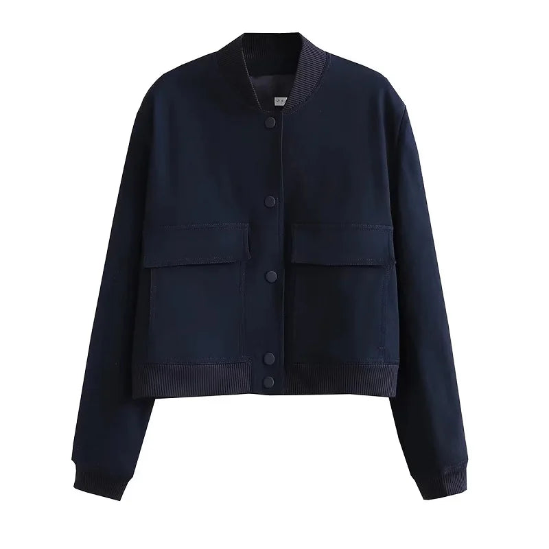 Women's Cropped Bomber Jacket with Snap Buttons and Functional Pockets