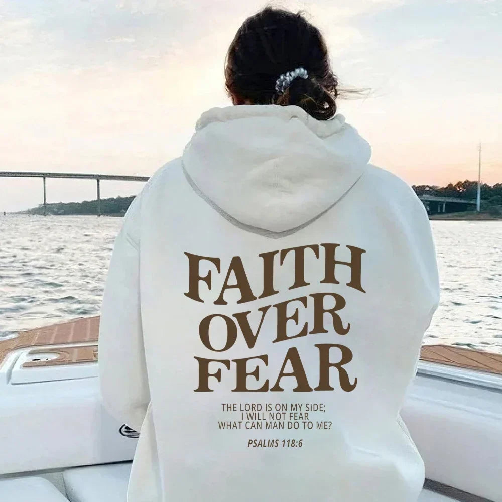 Women's Oversized Hoodie Featuring 'Faith Over Fear' Bible Verse