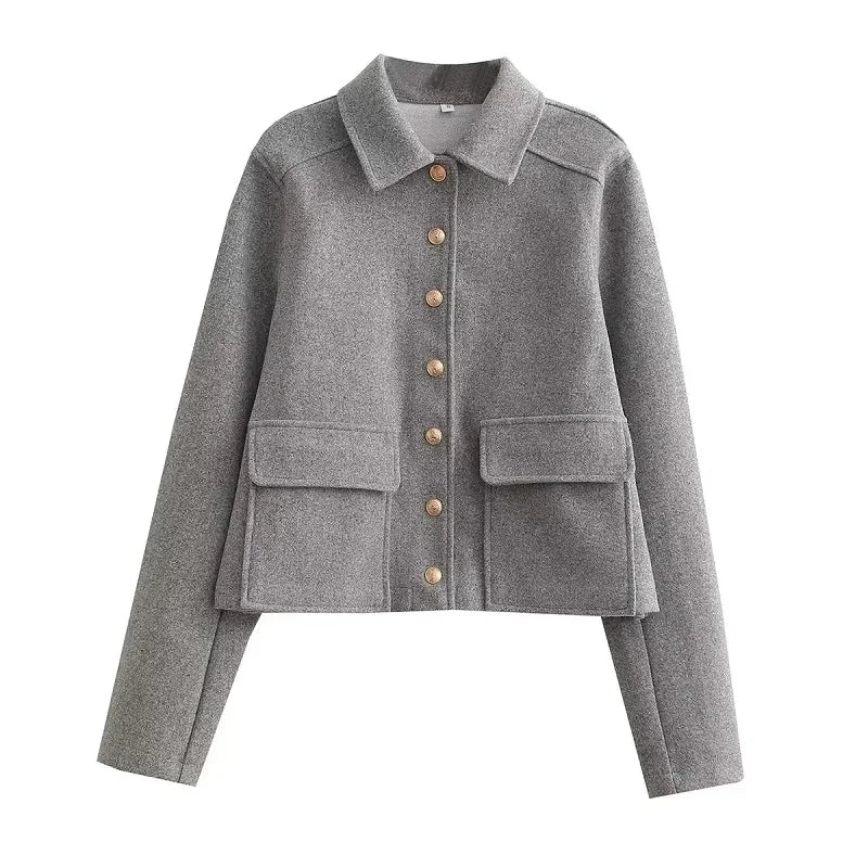 Women's Cropped Aviator Bomber Jacket with Button Closure and Pockets