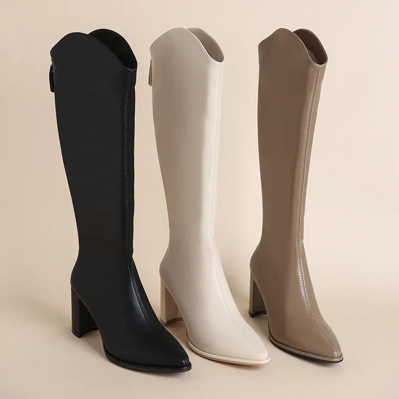 Women's Knee-High Boots with Side Zipper and Chunky Heel