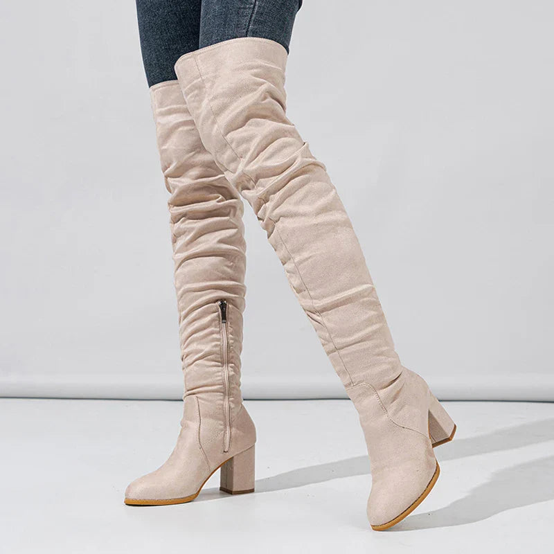 Women's Knee-High Boots with Pointed Toe and Slouchy Block Heel