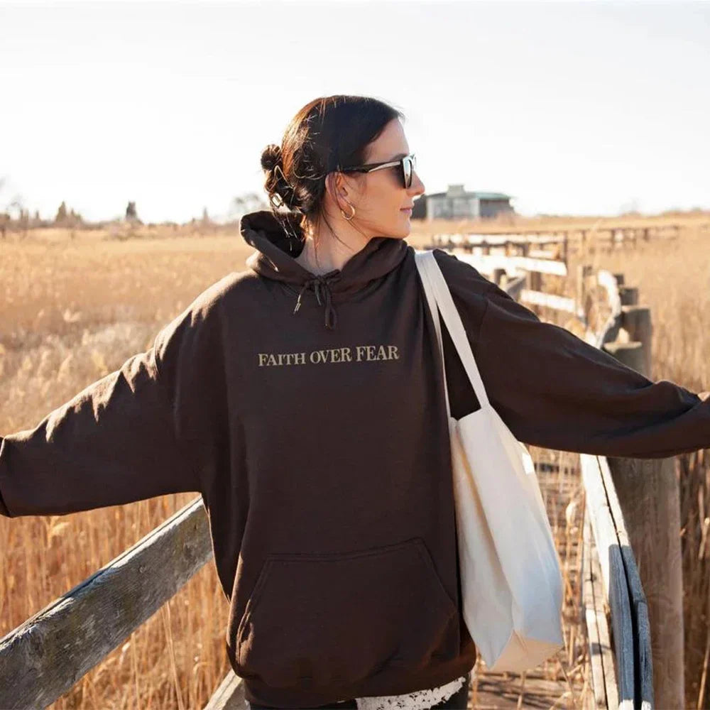 Women's Oversized Hoodie Featuring 'Faith Over Fear' Bible Verse