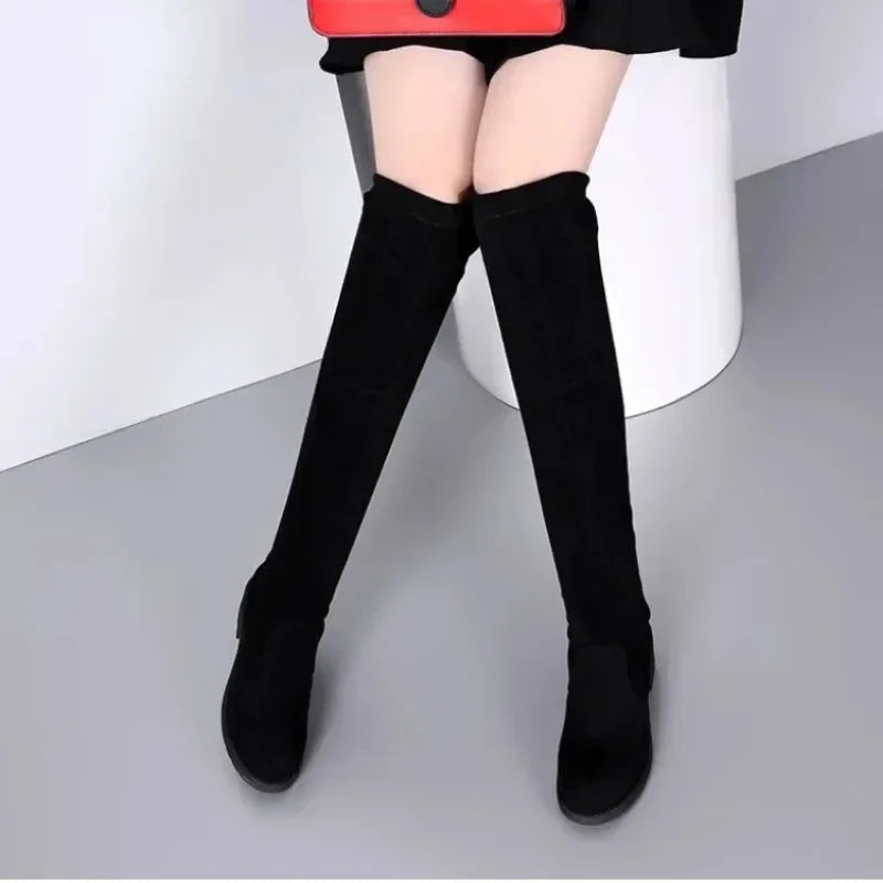 Women's Black Lace-Up Over-the-Knee Boots with Chunky High Heels