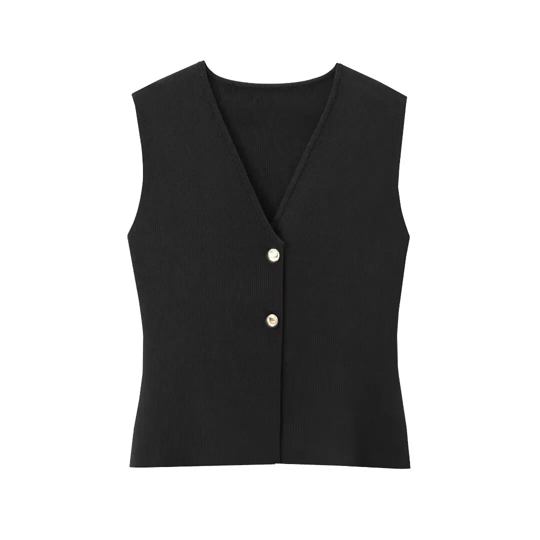 Button-Front Sleeveless Knitted Vest Top for Women