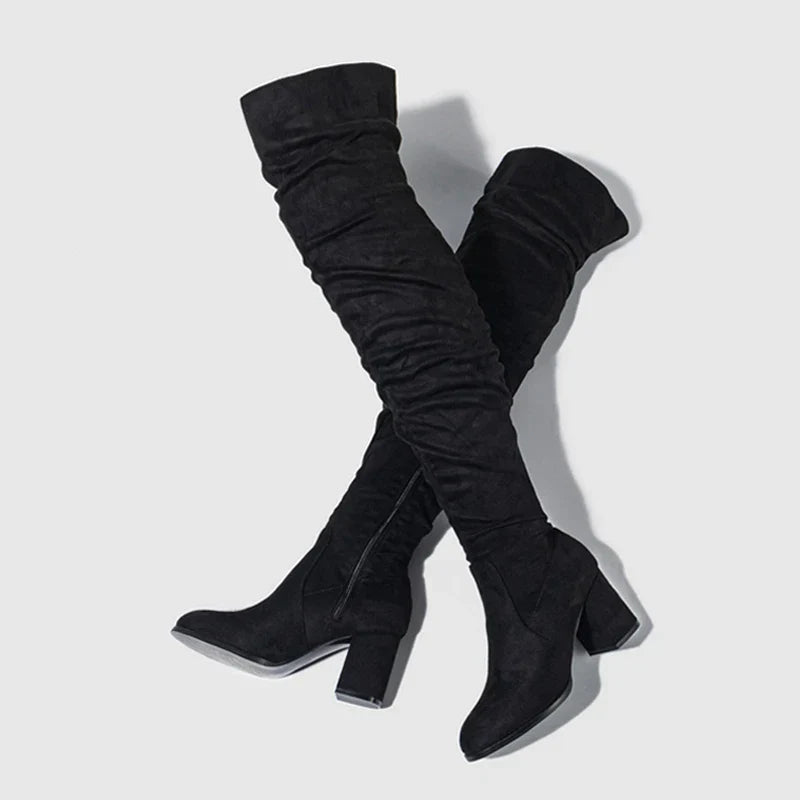 Women's Knee-High Boots with Pointed Toe and Slouchy Block Heel