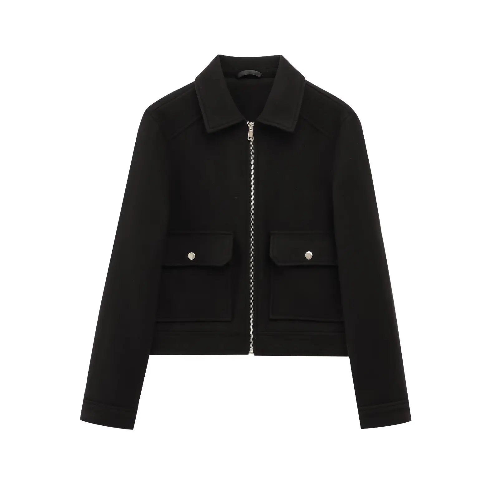 Women's Zip-Up Bomber Jacket with Short Lapels and Flap Pockets