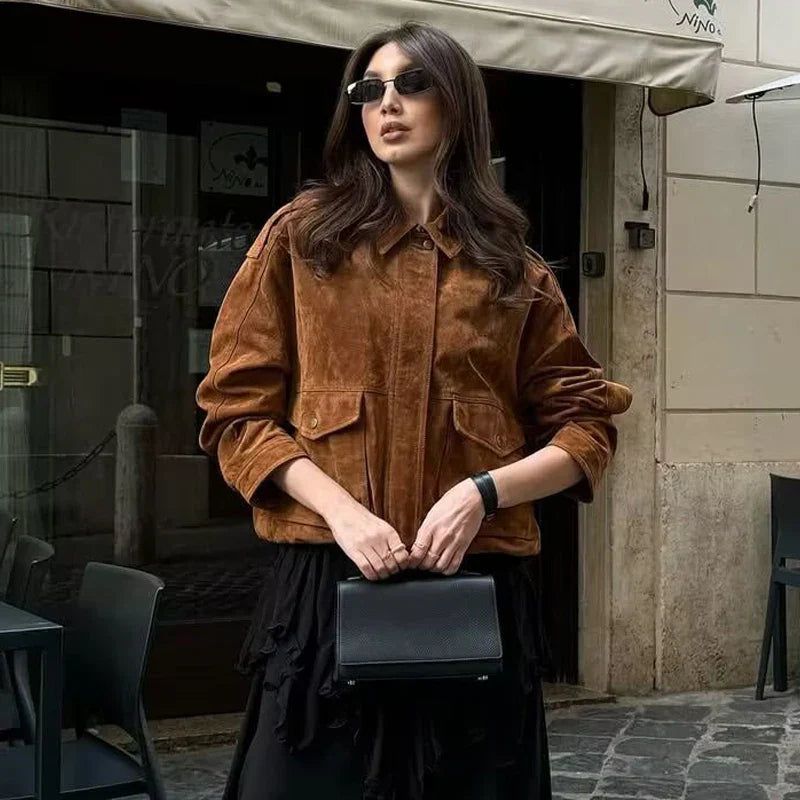 Streetwear-Inspired Women's Bomber Jacket Featuring Snap Buttons and Flap Pockets