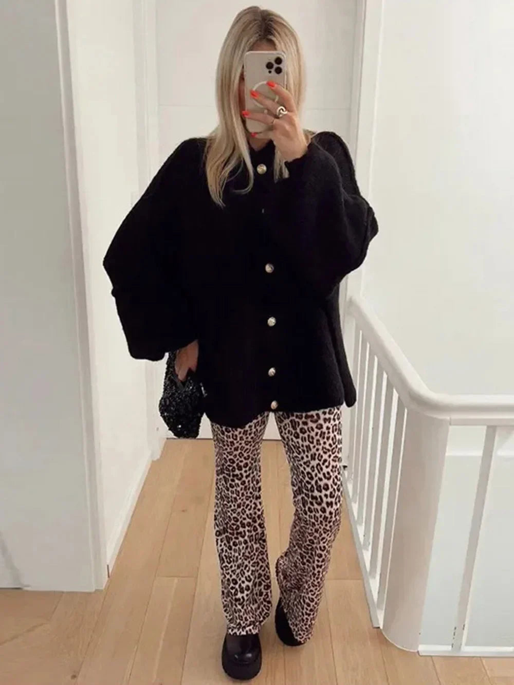 Womens Bat Sleeve Cardigan with Lapel and Metal Button Details