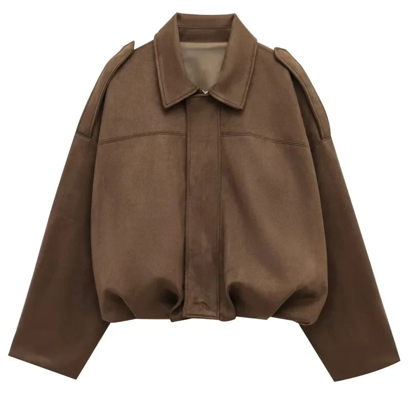 Womens Cropped Bomber Jacket with Lapel Collar and Zip Closure