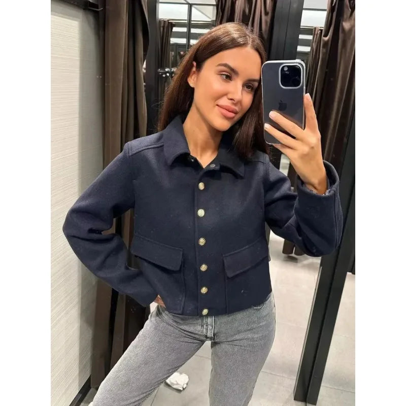 Women's Cropped Aviator Bomber Jacket with Button Closure and Pockets