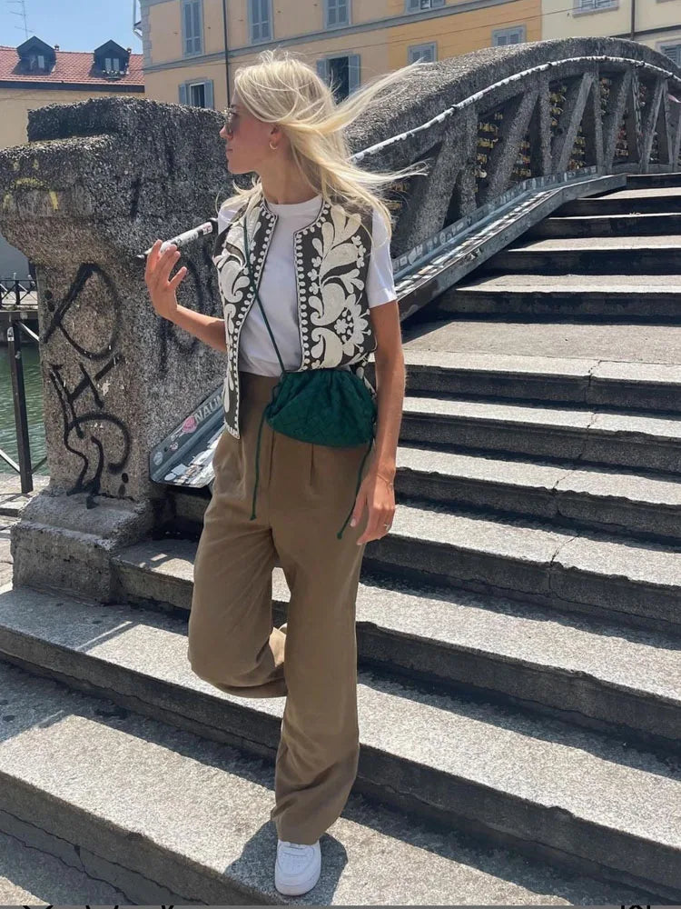 Women's Sleeveless Vest with Floral Embroidery