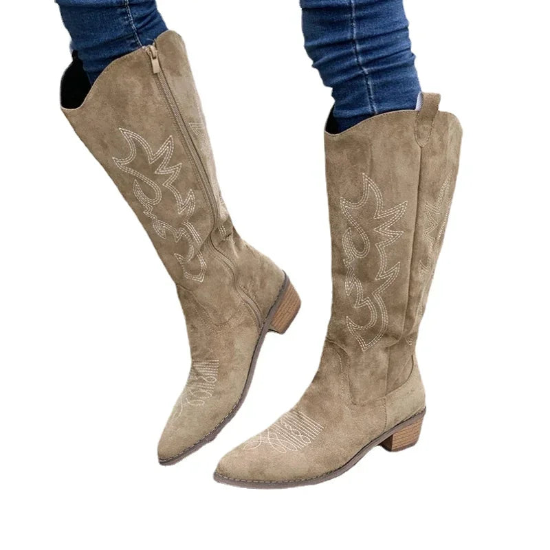 Chunky-Heeled Knee-High Cowboy Boots for Women with Embroidery