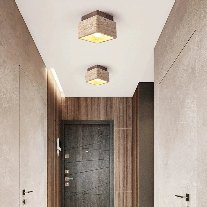 Delona - Lampada da soffitto LED quadrata in Travertino e Legno Naturale